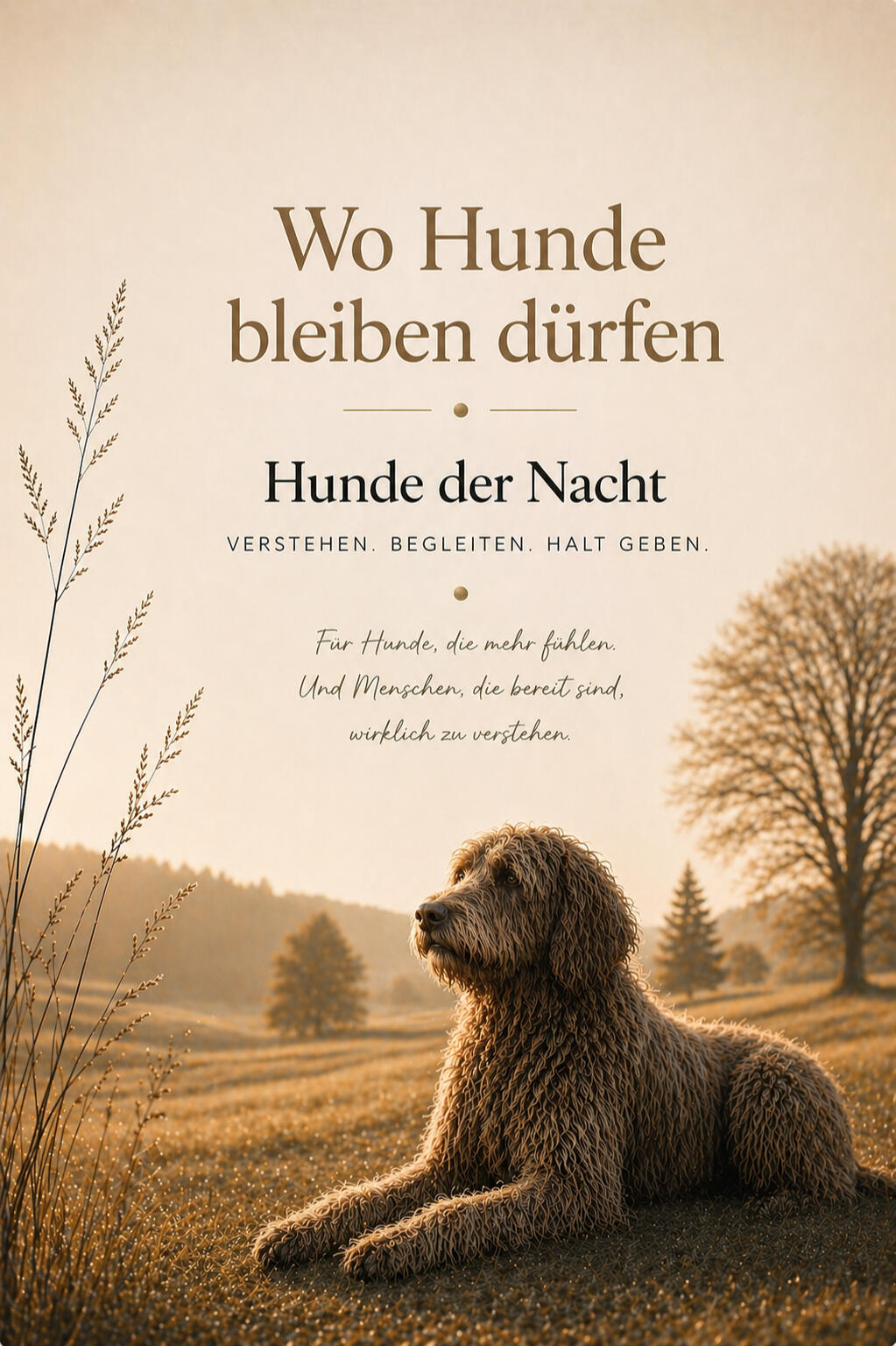 Cover Hunde der Nacht - Wo Hunde bleiben dürfen. Ein Hund entspannt liegend auf einer Wiese, als Symbol für einen ängstlichen Hund, der ins Leben gefunden hat.