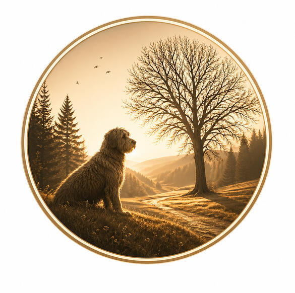 Vorsichtig um sich sehender Hütehund in ruhiger Landschaft, als Symbol für sensible und ängstliche Hunde