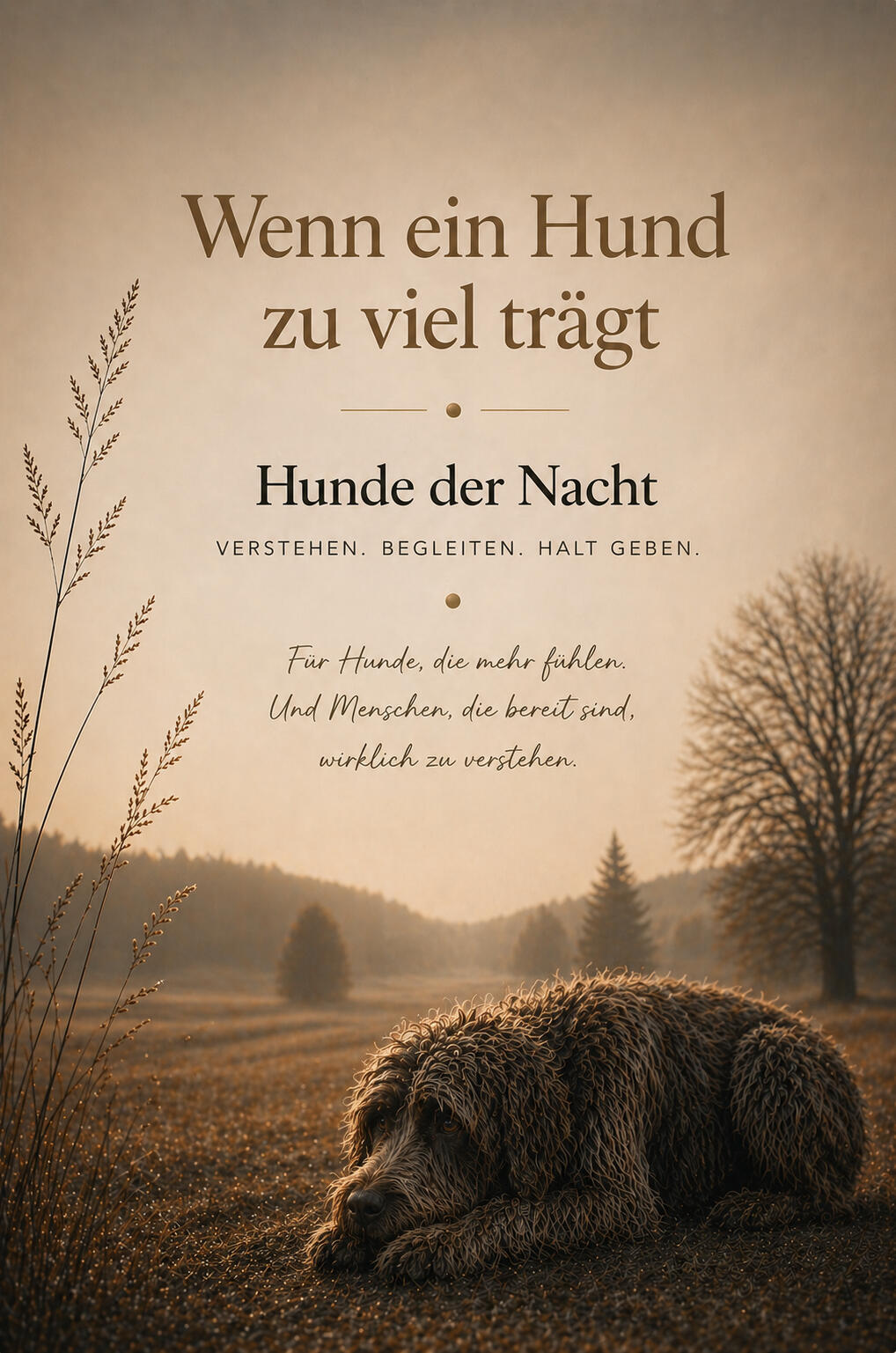 Hunde der Nacht - Wenn ein Hund zu viel trägt Cover Hunde der Nacht - Wenn ein Hund zu viel trägt. Bild eines ängstlichen Hundes auf einer Wiese liegend, als Symbol für die innerliche Not eines verunsicherten Hundes